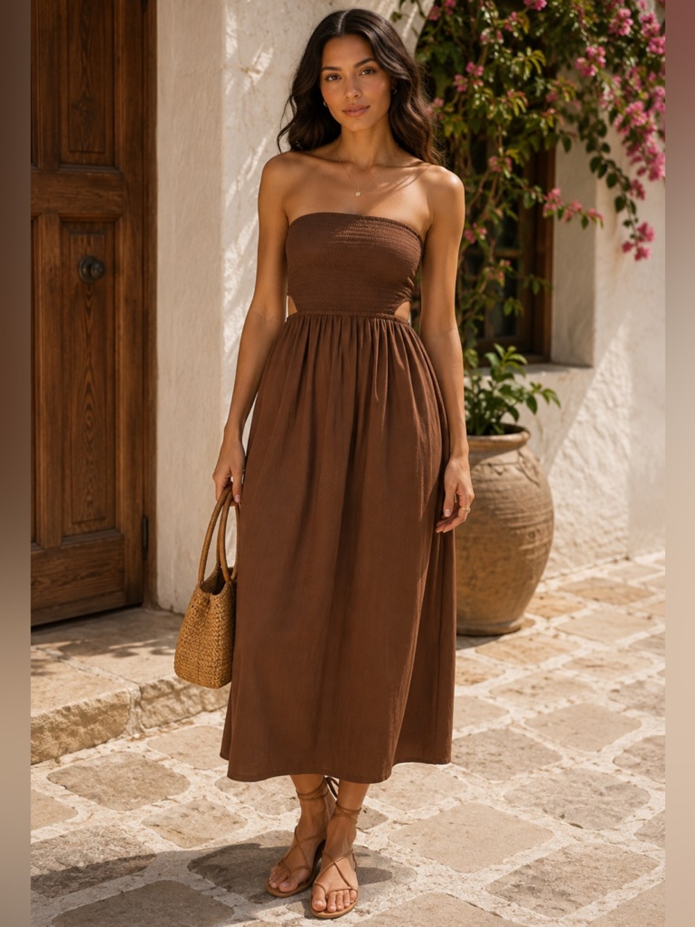 Faithfull The Brand Deva Brown Open Back Smocked Cutout Cotton Midi Dress Sz 2